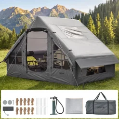 VEVOR Inflatable Tent for Camping 2-4 Person Blow Up Tent with Pump Gray, for Family Outdoor Glamping, Waterproof 420D Oxford, Easy Setup Air House with Skylight, Stove Jack, Mesh Windows & Carry Bag