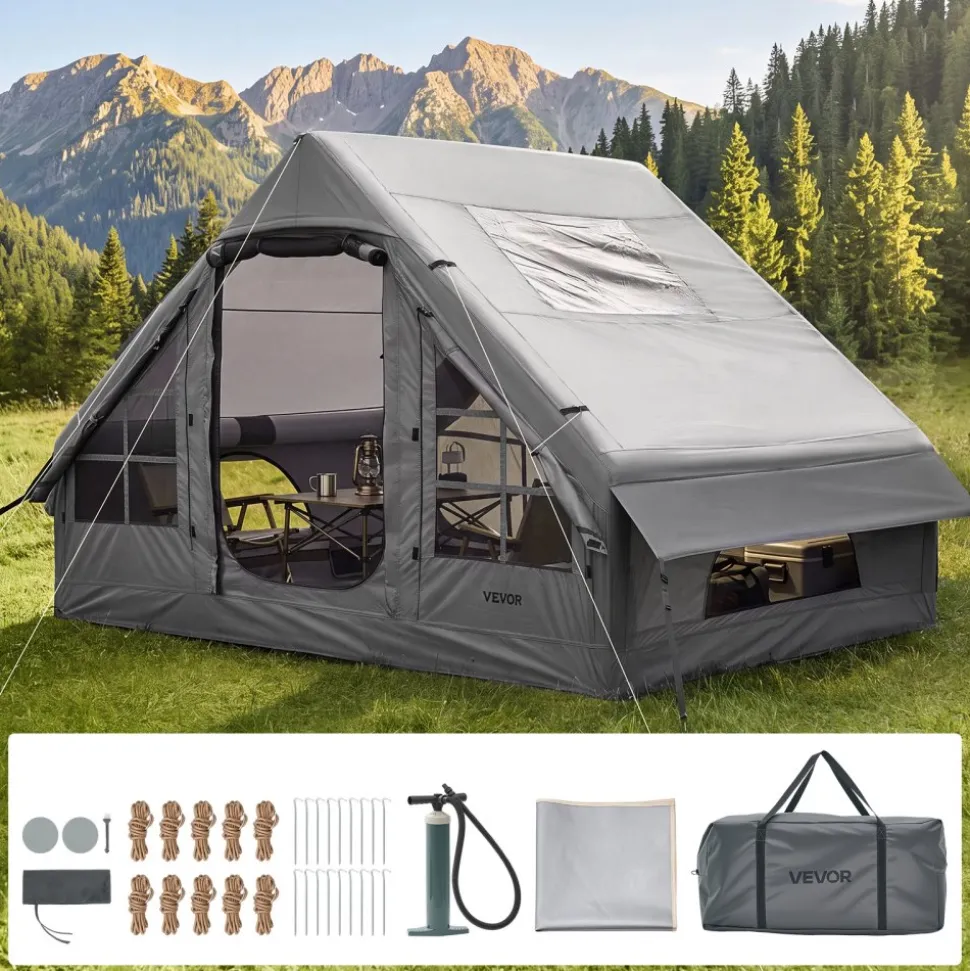 VEVOR Inflatable Tent for Camping 2-4 Person Blow Up Tent with Pump Gray, for Family Outdoor Glamping, Waterproof 420D Oxford, Easy Setup Air House with Skylight, Stove Jack, Mesh Windows & Carry Bag