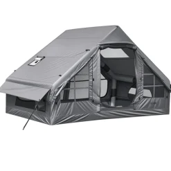 VEVOR Inflatable Tent for Camping 2-4 Person Blow Up Tent with Pump Gray, for Family Outdoor Glamping, Waterproof 420D Oxford, Easy Setup Air House with Skylight, Stove Jack, Mesh Windows & Carry Bag