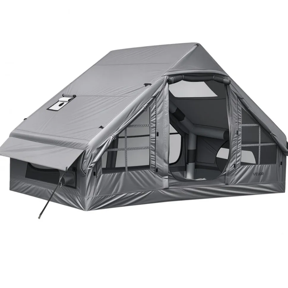 VEVOR Inflatable Tent for Camping 2-4 Person Blow Up Tent with Pump Gray, for Family Outdoor Glamping, Waterproof 420D Oxford, Easy Setup Air House with Skylight, Stove Jack, Mesh Windows & Carry Bag