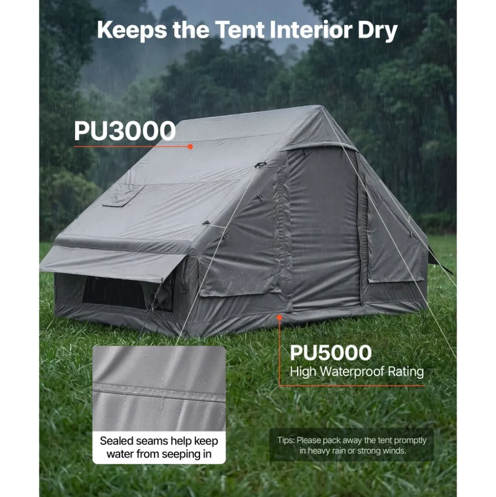 VEVOR Inflatable Tent for Camping 2-4 Person Blow Up Tent with Pump Gray, for Family Outdoor Glamping, Waterproof 420D Oxford, Easy Setup Air House with Skylight, Stove Jack, Mesh Windows & Carry Bag