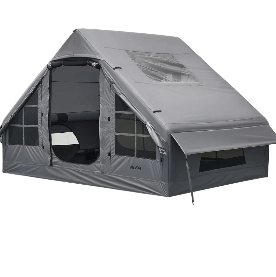 VEVOR Inflatable Tent for Camping 2-4 Person Blow Up Tent with Pump Gray, for Family Outdoor Glamping, Waterproof 420D Oxford, Easy Setup Air House with Skylight, Stove Jack, Mesh Windows & Carry Bag