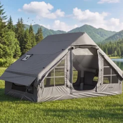 VEVOR Inflatable Tent for Camping 2-4 Person Blow Up Tent with Pump Gray, for Family Outdoor Glamping, Waterproof 420D Oxford, Easy Setup Air House with Skylight, Stove Jack, Mesh Windows & Carry Bag