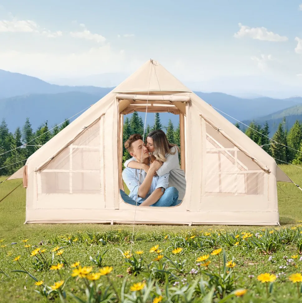 VEVOR Inflatable Tents for Camping, 3-5 Person Easy Setup Blow up Tent with Hand Pump, 300D Oxford 4 Season Glamping Tent with Stove Jack 2 Doors & 2 Mesh Windows, Storage Bag Included for Easy Taking