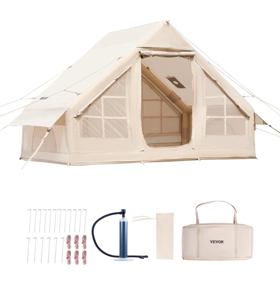 VEVOR Inflatable Tents for Camping, 3-5 Person Easy Setup Blow up Tent with Hand Pump, 300D Oxford 4 Season Glamping Tent with Stove Jack 2 Doors & 2 Mesh Windows, Storage Bag Included for Easy Taking