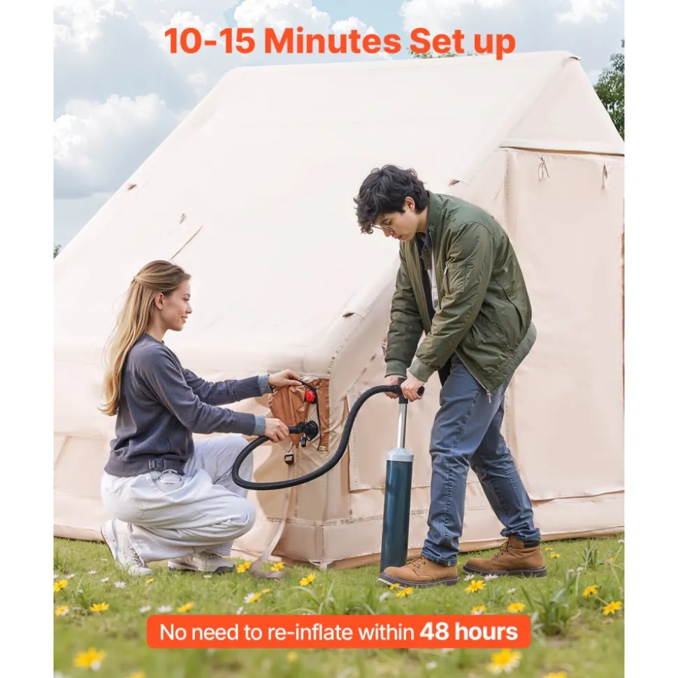 VEVOR Inflatable Tents for Camping, 3-5 Person Easy Setup Blow up Tent with Hand Pump, 300D Oxford 4 Season Glamping Tent with Stove Jack 2 Doors & 2 Mesh Windows, Storage Bag Included for Easy Taking