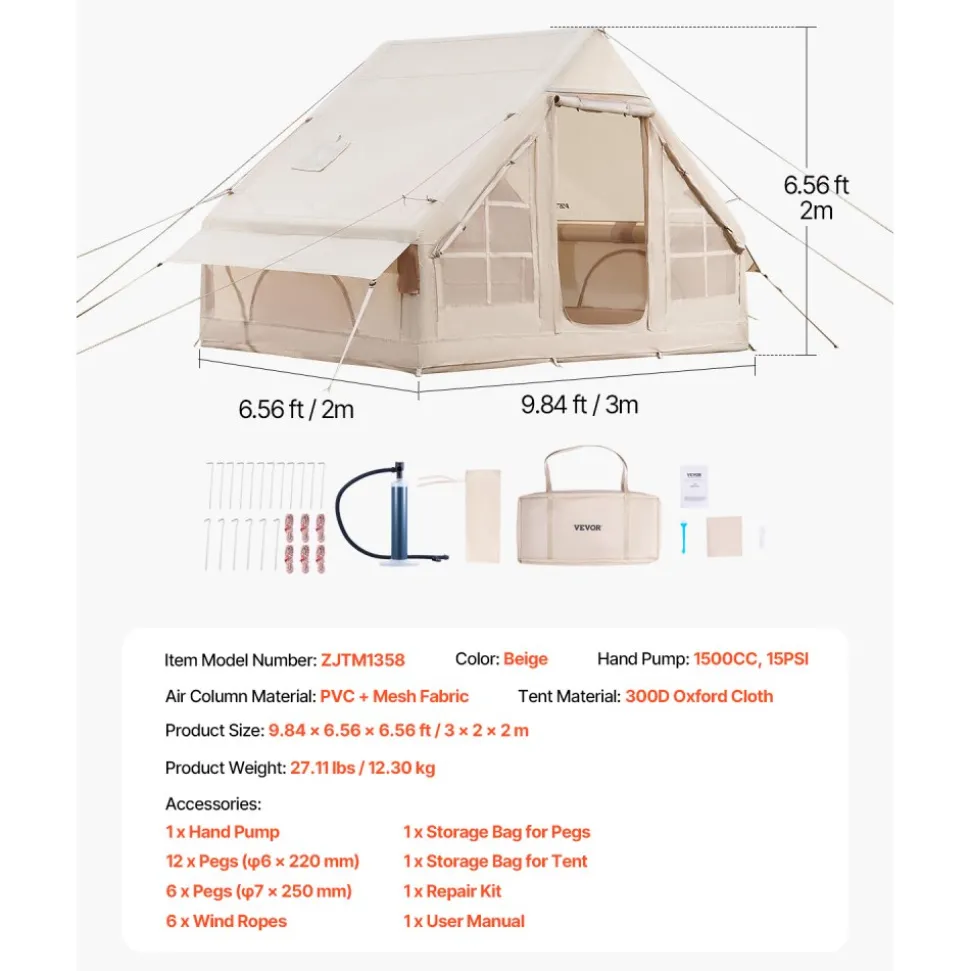 VEVOR Inflatable Tents for Camping, 3-5 Person Easy Setup Blow up Tent with Hand Pump, 300D Oxford 4 Season Glamping Tent with Stove Jack 2 Doors & 2 Mesh Windows, Storage Bag Included for Easy Taking