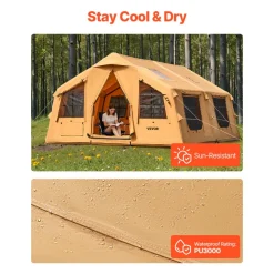 VEVOR Inflatable Tents for Camping, 8-12 Person Easy Setup Blow up Tent with Hand Pump, 4 Season Luxury Glamping Tent with 2 Skylights, Canopy, Stove Jack, 2 Doors & Mesh Windows (Include Storage Bag)