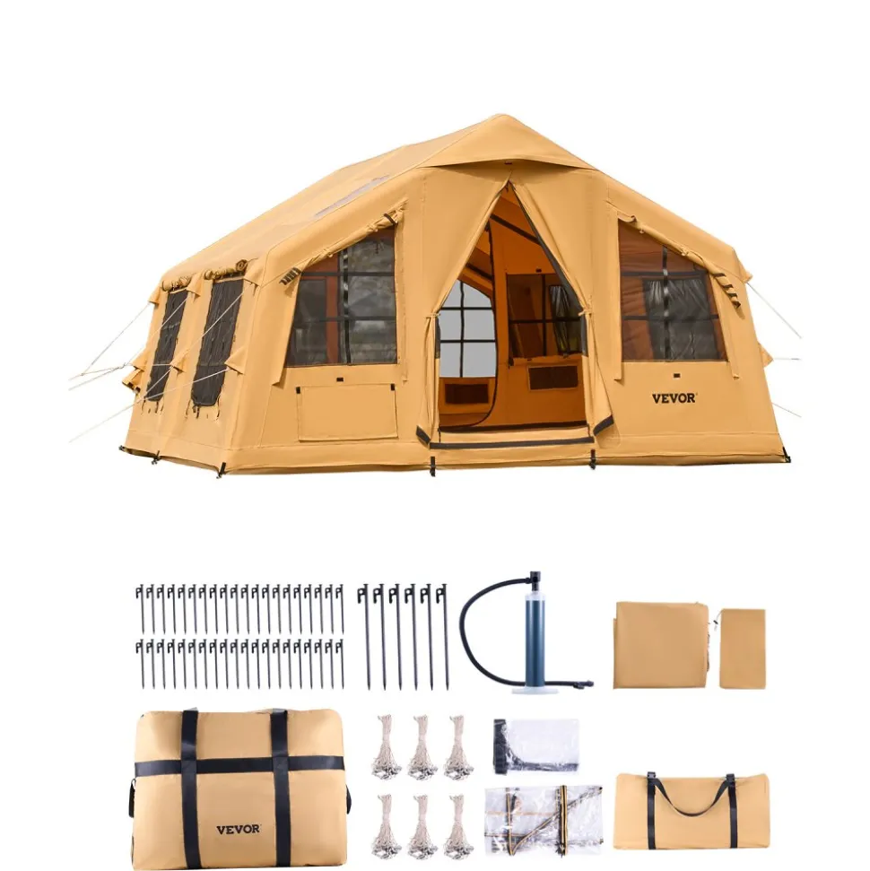 VEVOR Inflatable Tents for Camping, 8-12 Person Easy Setup Blow up Tent with Hand Pump, 4 Season Luxury Glamping Tent with 2 Skylights, Canopy, Stove Jack, 2 Doors & Mesh Windows (Include Storage Bag)