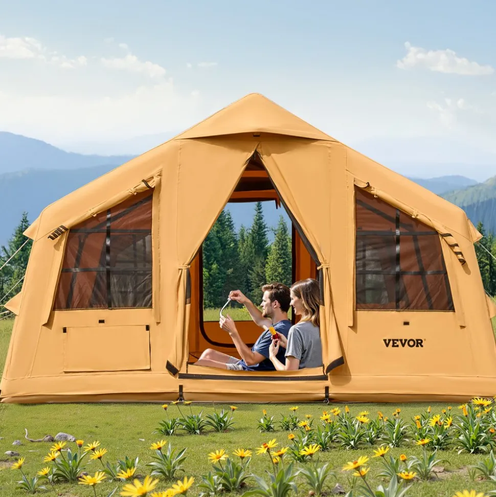 VEVOR Inflatable Tents for Camping, 8-12 Person Easy Setup Blow up Tent with Hand Pump, 4 Season Luxury Glamping Tent with 2 Skylights, Canopy, Stove Jack, 2 Doors & Mesh Windows (Include Storage Bag)