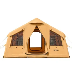 VEVOR Inflatable Tents for Camping, 8-12 Person Easy Setup Blow up Tent with Hand Pump, 4 Season Luxury Glamping Tent with 2 Skylights, Canopy, Stove Jack, 2 Doors & Mesh Windows (Include Storage Bag)