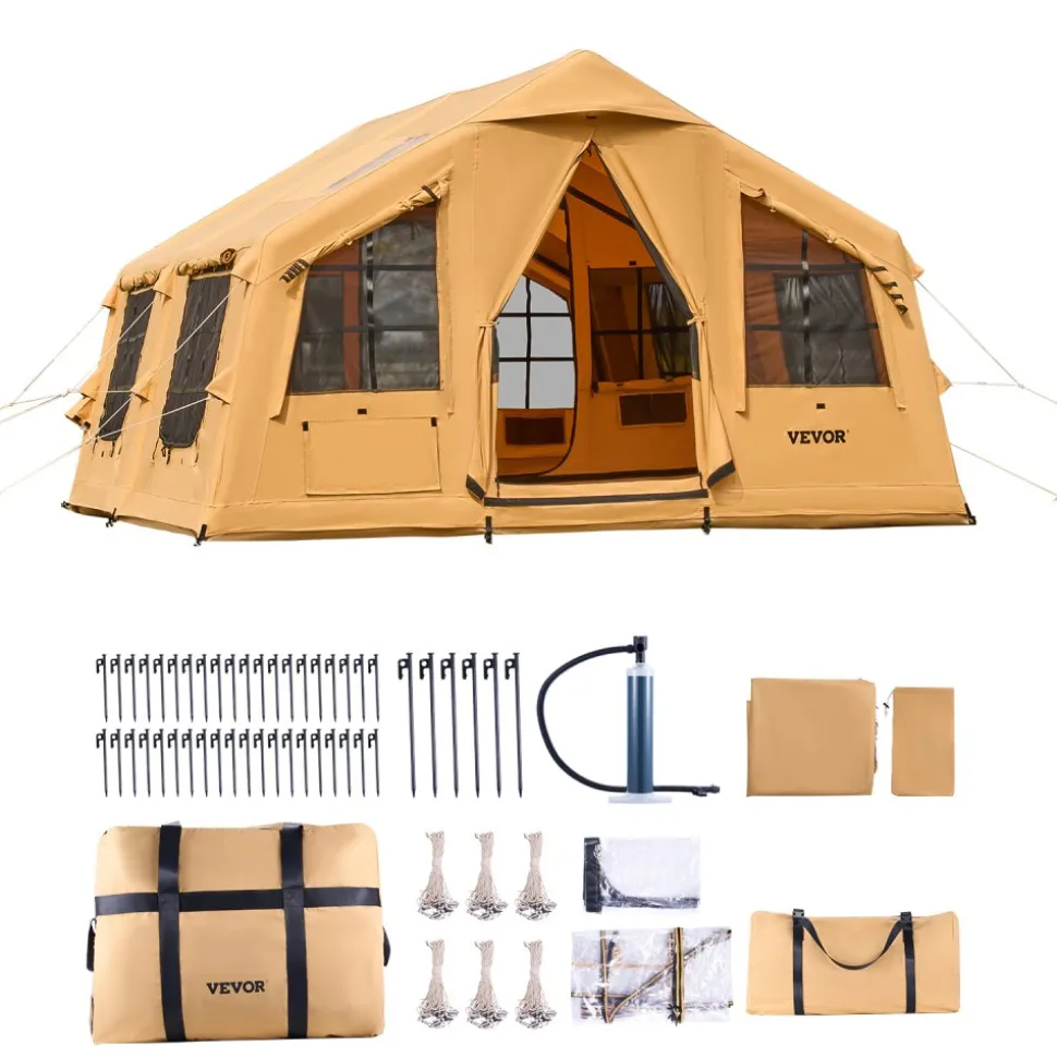VEVOR Inflatable Tents for Camping, 8-12 Person Easy Setup Blow up Tent with Hand Pump, 4 Season Luxury Glamping Tent with 2 Skylights, Canopy, Stove Jack, 2 Doors & Mesh Windows (Include Storage Bag)