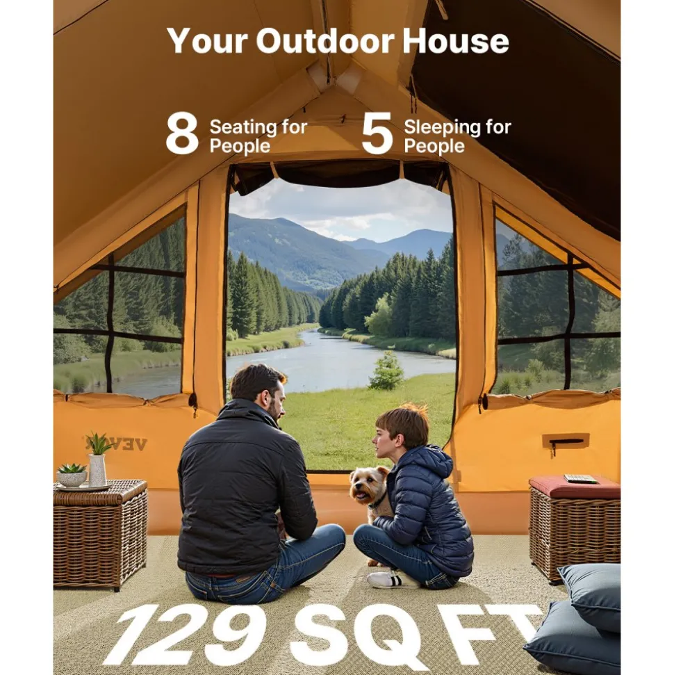 VEVOR Inflatable Tents for Camping, 5-8 Person Easy Setup Blow up Tent with Hand Pump, Luxury Glamping Tent with 2 Skylights, Canopy, Stove Jack 2 Doors & Mesh Windows (Storage Bag Included)