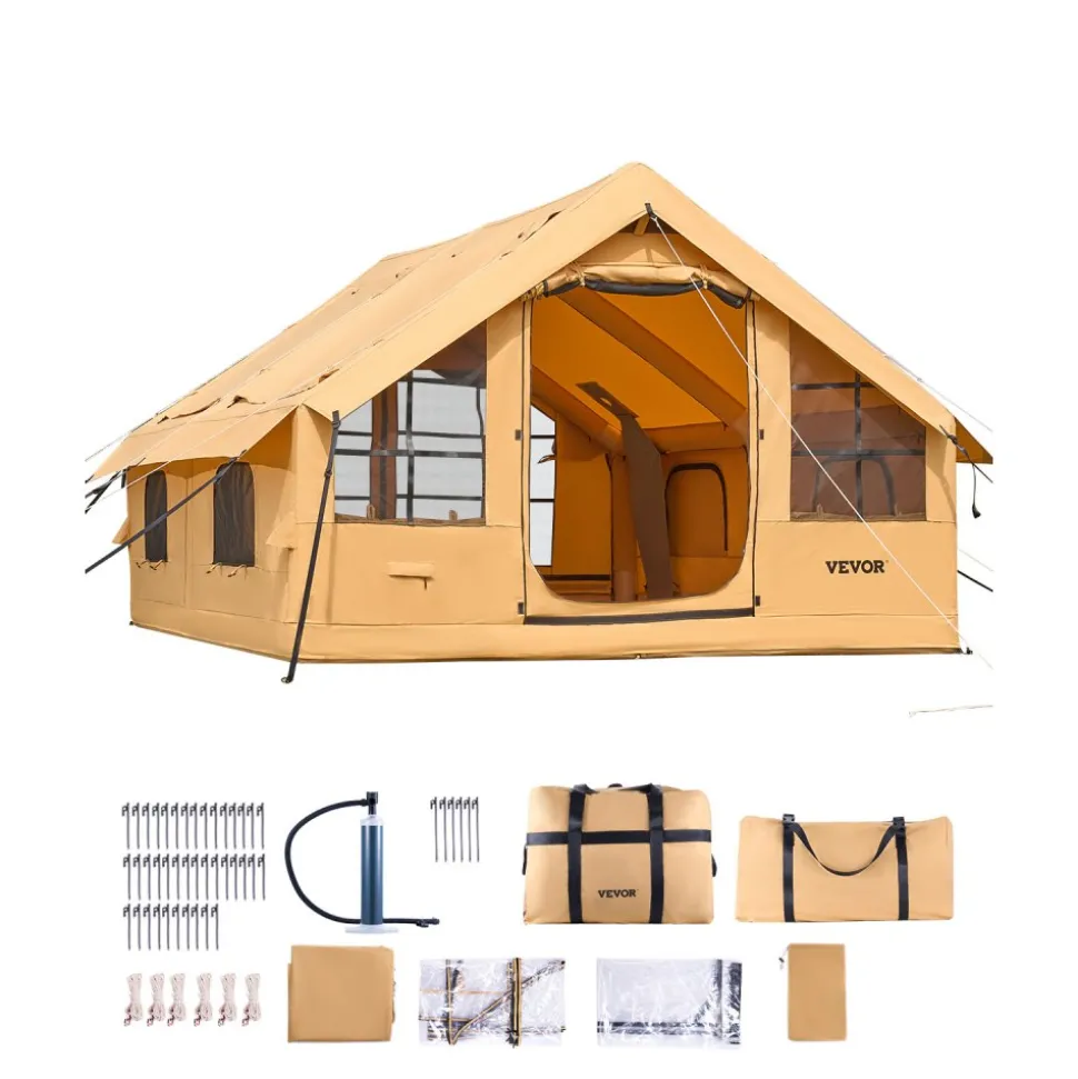 VEVOR Inflatable Tents for Camping, 5-8 Person Easy Setup Blow up Tent with Hand Pump, Luxury Glamping Tent with 2 Skylights, Canopy, Stove Jack 2 Doors & Mesh Windows (Storage Bag Included)