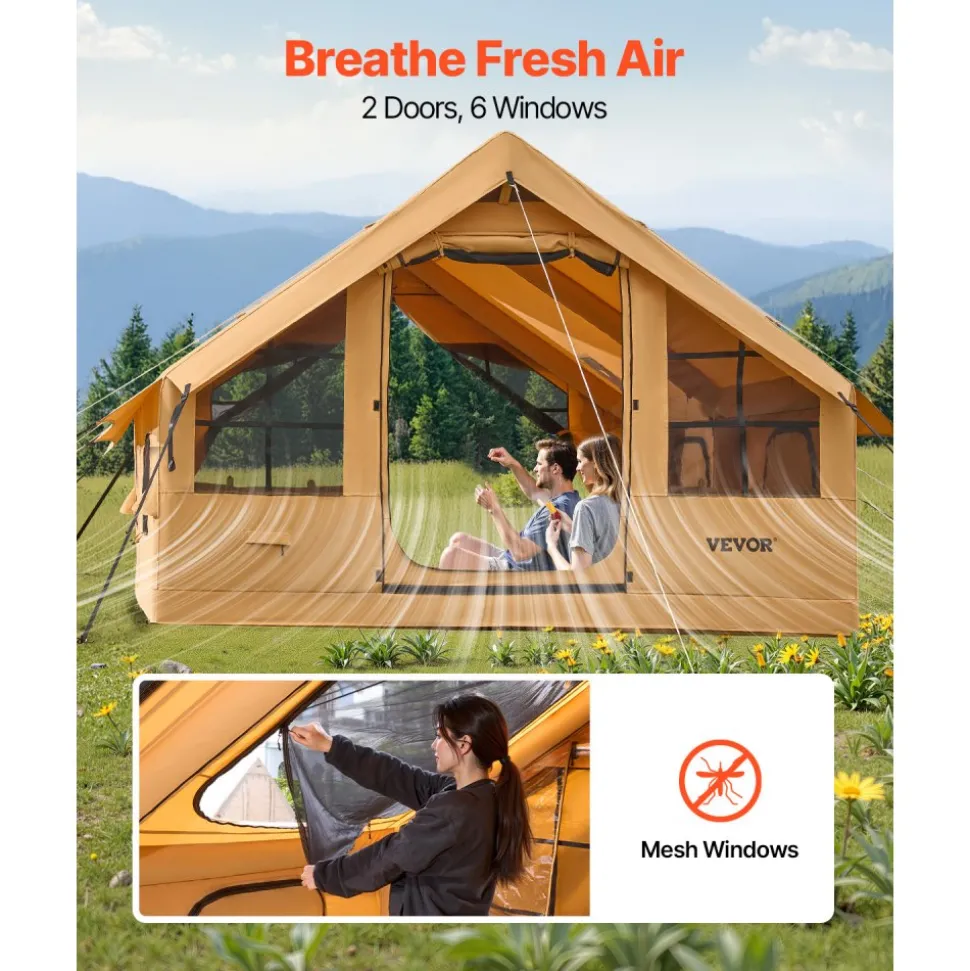 VEVOR Inflatable Tents for Camping, 5-8 Person Easy Setup Blow up Tent with Hand Pump, Luxury Glamping Tent with 2 Skylights, Canopy, Stove Jack 2 Doors & Mesh Windows (Storage Bag Included)