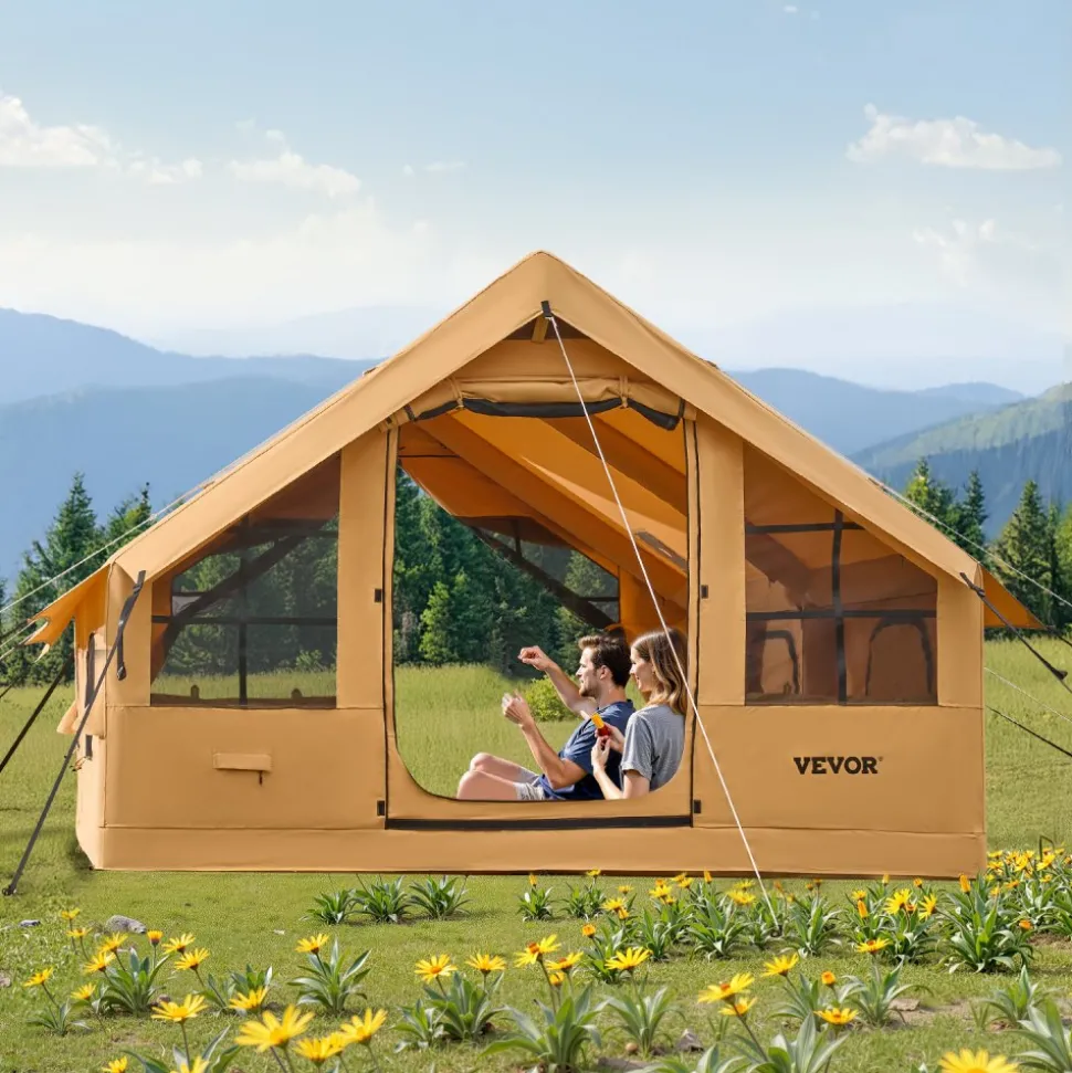 VEVOR Inflatable Tents for Camping, 5-8 Person Easy Setup Blow up Tent with Hand Pump, Luxury Glamping Tent with 2 Skylights, Canopy, Stove Jack 2 Doors & Mesh Windows (Storage Bag Included)