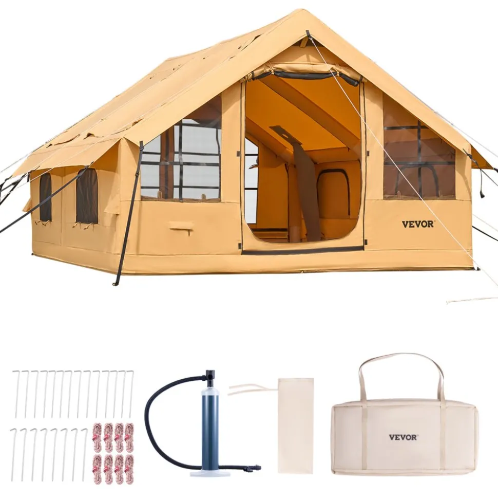 VEVOR Inflatable Tents for Camping, 5-8 Person Easy Setup Blow up Tent with Hand Pump, Luxury Glamping Tent with 2 Skylights, Canopy, Stove Jack 2 Doors & Mesh Windows (Storage Bag Included)