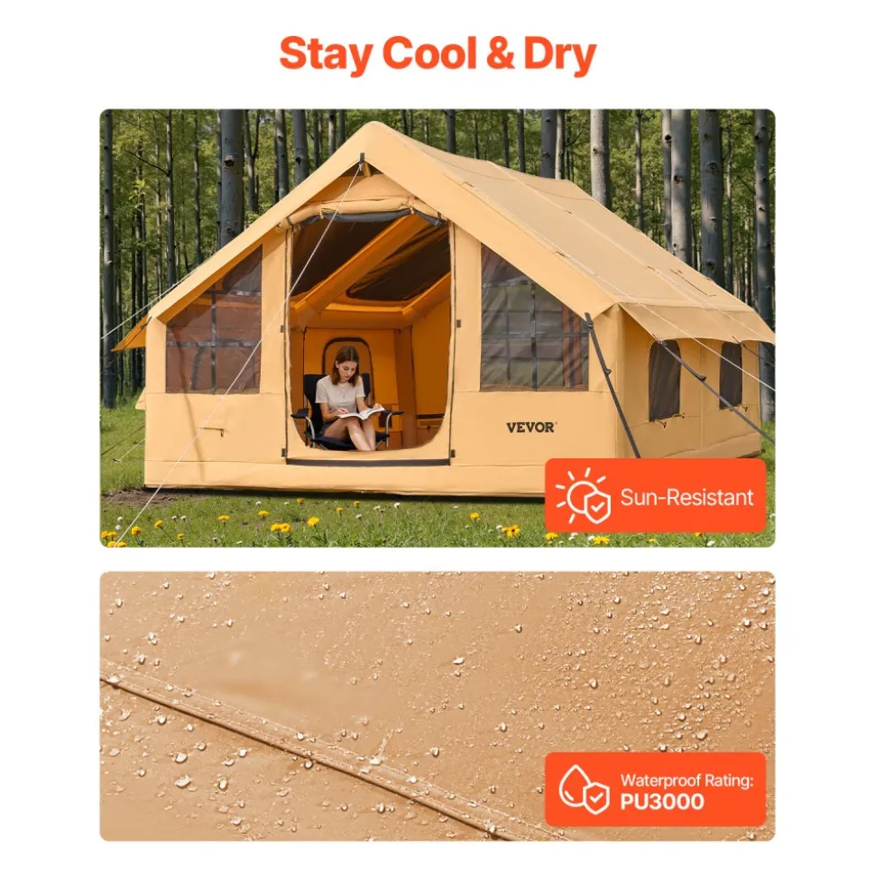 VEVOR Inflatable Tents for Camping, 5-8 Person Easy Setup Blow up Tent with Hand Pump, Luxury Glamping Tent with 2 Skylights, Canopy, Stove Jack 2 Doors & Mesh Windows (Storage Bag Included)