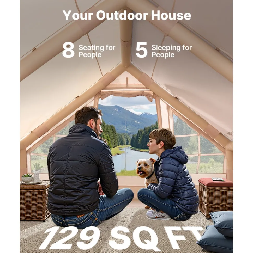 VEVOR Inflatable Tents for Camping, 5-8 Person Easy Setup Blow up Tent with Hand Pump, 300D Oxford Glamping Tent with Stove Jack 2 Doors & 4 Mesh Windows, Storage Bag Included for Easy Taking