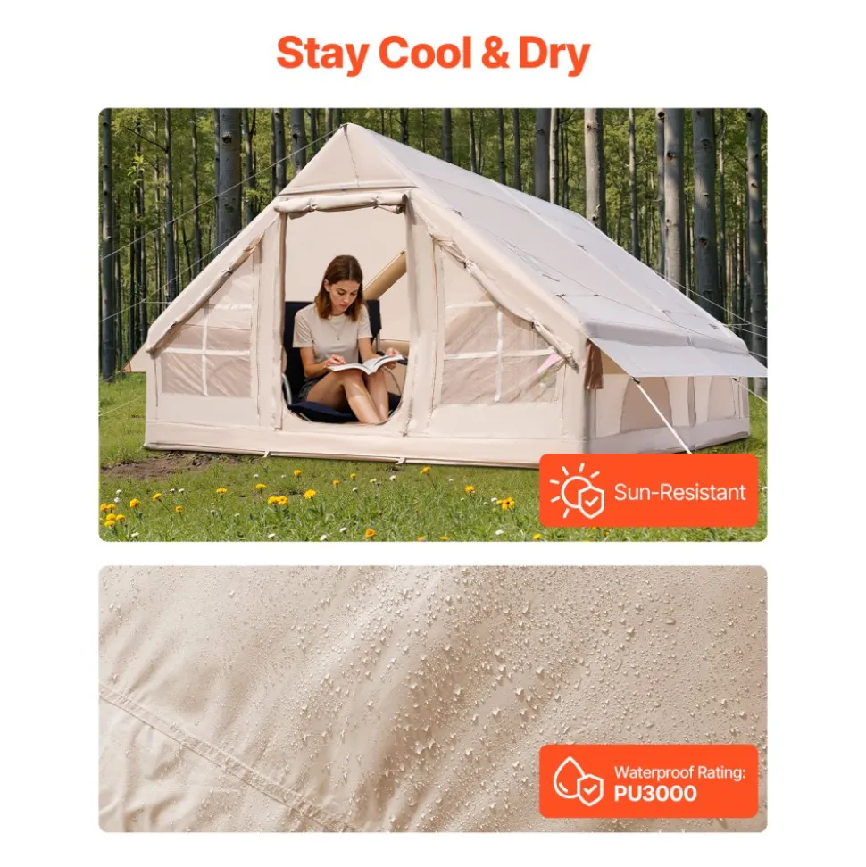 VEVOR Inflatable Tents for Camping, 5-8 Person Easy Setup Blow up Tent with Hand Pump, 300D Oxford Glamping Tent with Stove Jack 2 Doors & 4 Mesh Windows, Storage Bag Included for Easy Taking