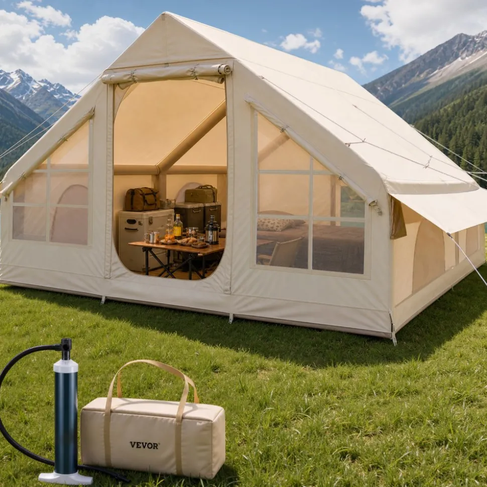 VEVOR Inflatable Tents for Camping, 5-8 Person Easy Setup Blow up Tent with Hand Pump, 300D Oxford Glamping Tent with Stove Jack 2 Doors & 4 Mesh Windows, Storage Bag Included for Easy Taking