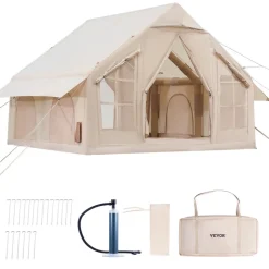 VEVOR Inflatable Tents for Camping, 4-6 Person Easy Setup Blow up Tent with Hand Pump, 300D Oxford 4 Season Glamping Tent with Stove Jack 2 Doors & 4 Mesh Windows, Storage Bag Included for Easy Taking