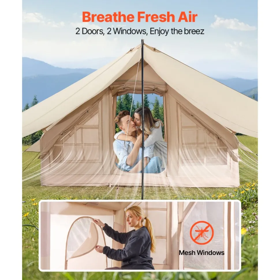 VEVOR Inflatable Tents for Camping, 3-5 Person Easy Setup Blow up Tent with Hand Pump, 300D Oxford 4 Season Glamping Tent with Canopy, Stove Jack, 2 Doors & 2 Mesh Windows (Storage Bag Included)