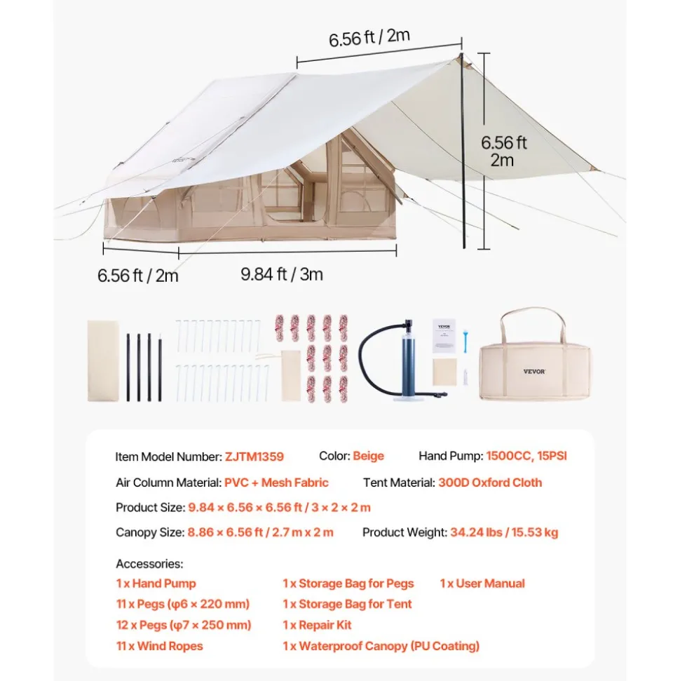 VEVOR Inflatable Tents for Camping, 3-5 Person Easy Setup Blow up Tent with Hand Pump, 300D Oxford 4 Season Glamping Tent with Canopy, Stove Jack, 2 Doors & 2 Mesh Windows (Storage Bag Included)