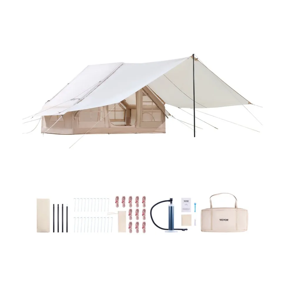 VEVOR Inflatable Tents for Camping, 3-5 Person Easy Setup Blow up Tent with Hand Pump, 300D Oxford 4 Season Glamping Tent with Canopy, Stove Jack, 2 Doors & 2 Mesh Windows (Storage Bag Included)