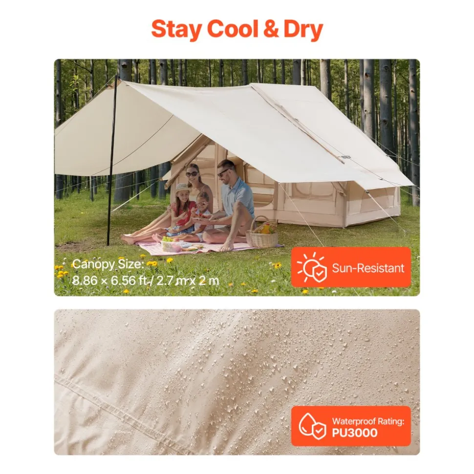 VEVOR Inflatable Tents for Camping, 3-5 Person Easy Setup Blow up Tent with Hand Pump, 300D Oxford 4 Season Glamping Tent with Canopy, Stove Jack, 2 Doors & 2 Mesh Windows (Storage Bag Included)