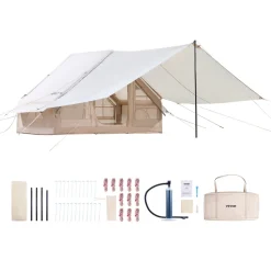 VEVOR Inflatable Tents for Camping, 3-5 Person Easy Setup Blow up Tent with Hand Pump, 300D Oxford 4 Season Glamping Tent with Canopy, Stove Jack, 2 Doors & 2 Mesh Windows (Storage Bag Included)