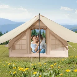 VEVOR Inflatable Tents for Camping, 3-5 Person Easy Setup Blow up Tent with Hand Pump, 300D Oxford 4 Season Glamping Tent with Canopy, Stove Jack, 2 Doors & 2 Mesh Windows (Storage Bag Included)