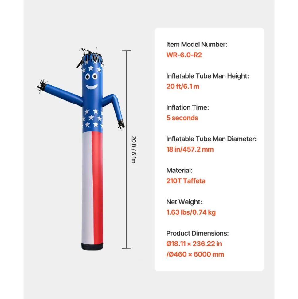 VEVOR Inflatable Tube Man, 20-Feet Tall, Wacky Waving Dancing Tube Guy, Wind Flying Arm Flailing Air Puppet, 18-Inch for Outdoor Advertising, Business Store, Increase Visibility (Blower Not Included)