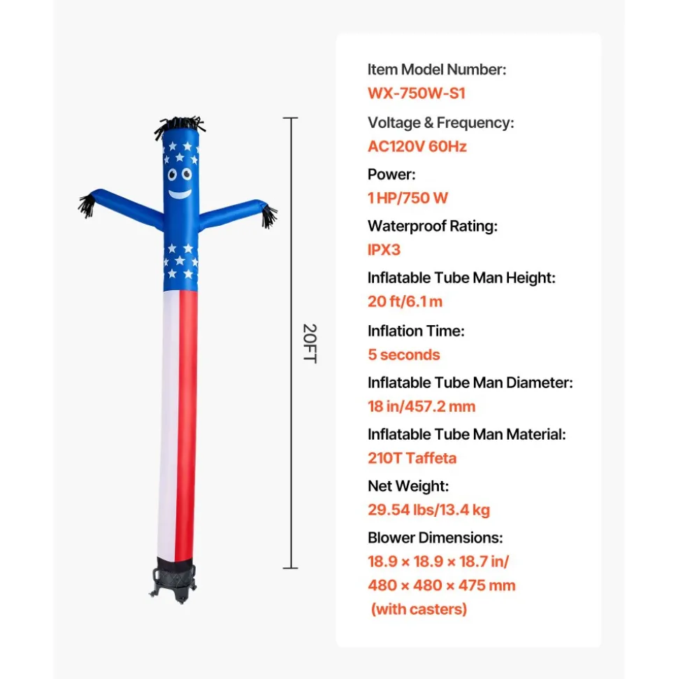 VEVOR Inflatable Tube Man with Blower, 20 ft Tall, Wacky Waving Wind Flying Inflatable Dancing Tube Guy with 1 HP IPX3 Waterproof Blower Fan, for Outdoor Advertising Business Store Party Decoration