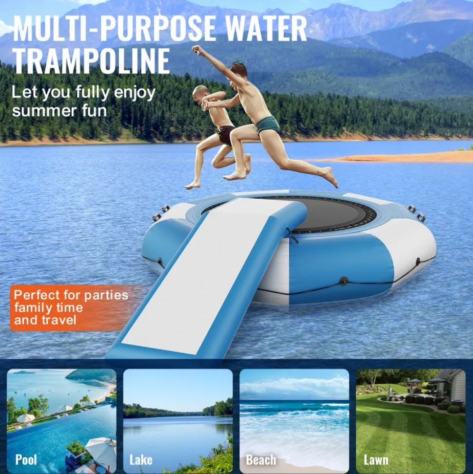VEVOR Inflatable Water Bouncer, 10ft Recreational Water Trampoline, Portable Bounce Swim Platform with Slide, 3-Step Ladder & Electric Air Pump, Kid Adult Floating Rebounder for Pool Lake Water Sports