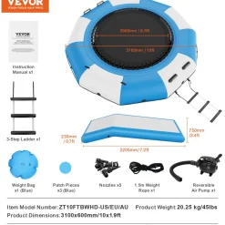 VEVOR Inflatable Water Bouncer, 10ft Recreational Water Trampoline, Portable Bounce Swim Platform with Slide, 3-Step Ladder & Electric Air Pump, Kid Adult Floating Rebounder for Pool Lake Water Sports
