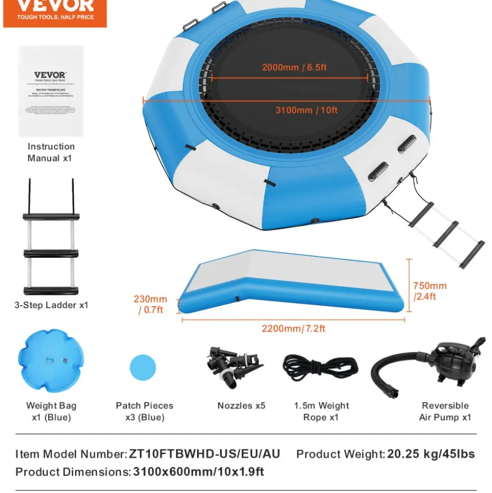 VEVOR Inflatable Water Bouncer, 10ft Recreational Water Trampoline, Portable Bounce Swim Platform with Slide, 3-Step Ladder & Electric Air Pump, Kid Adult Floating Rebounder for Pool Lake Water Sports