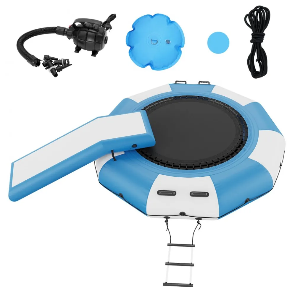 VEVOR Inflatable Water Bouncer, 10ft Recreational Water Trampoline, Portable Bounce Swim Platform with Slide, 3-Step Ladder & Electric Air Pump, Kid Adult Floating Rebounder for Pool Lake Water Sports
