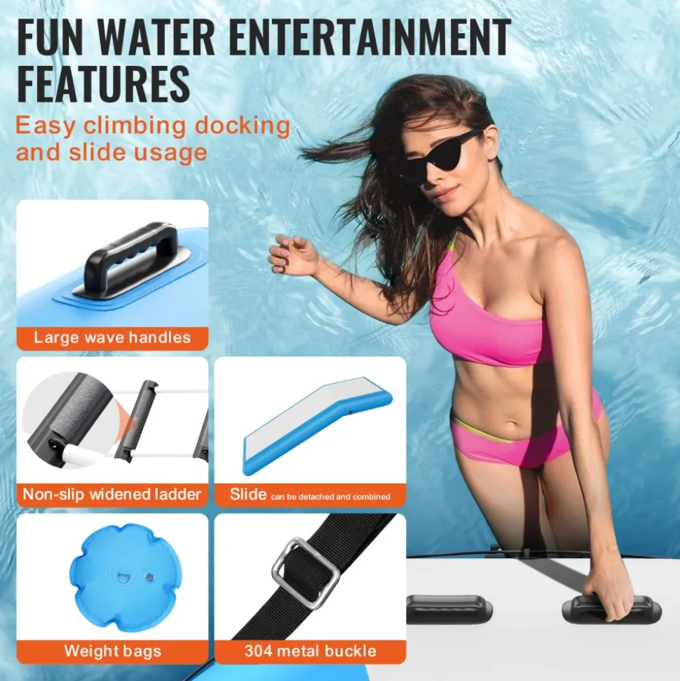 VEVOR Inflatable Water Bouncer, 10ft Recreational Water Trampoline, Portable Bounce Swim Platform with Slide, 3-Step Ladder & Electric Air Pump, Kid Adult Floating Rebounder for Pool Lake Water Sports