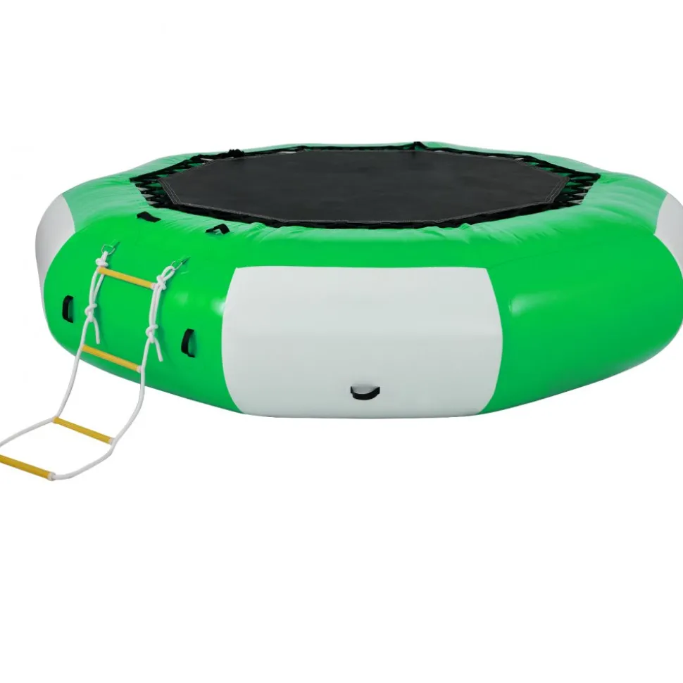 VEVOR Inflatable Water Trampoline, 10ft Recreational Water Bouncer with Escalator, Round Inflatable Water Trampoline in Green and White, Floating Trampoline for Lakes, Pools, Calm Sea