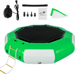 VEVOR Inflatable Water Trampoline, 10ft Recreational Water Bouncer with Escalator, Round Inflatable Water Trampoline in Green and White, Floating Trampoline for Lakes, Pools, Calm Sea
