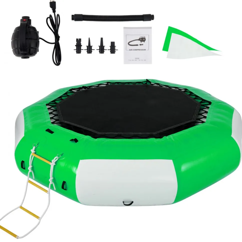 VEVOR Inflatable Water Trampoline, 10ft Recreational Water Bouncer with Escalator, Round Inflatable Water Trampoline in Green and White, Floating Trampoline for Lakes, Pools, Calm Sea