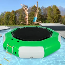 VEVOR Inflatable Water Trampoline, 10ft Recreational Water Bouncer with Escalator, Round Inflatable Water Trampoline in Green and White, Floating Trampoline for Lakes, Pools, Calm Sea