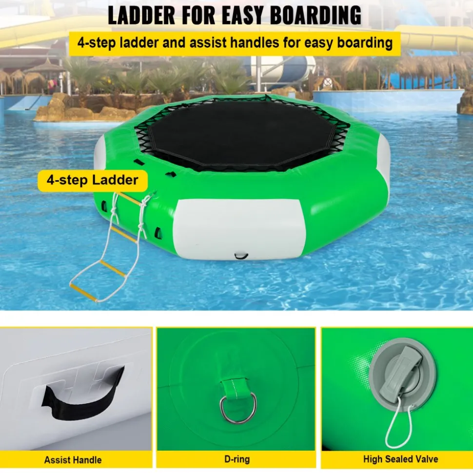 VEVOR Inflatable Water Trampoline, 10ft Recreational Water Bouncer with Escalator, Round Inflatable Water Trampoline in Green and White, Floating Trampoline for Lakes, Pools, Calm Sea