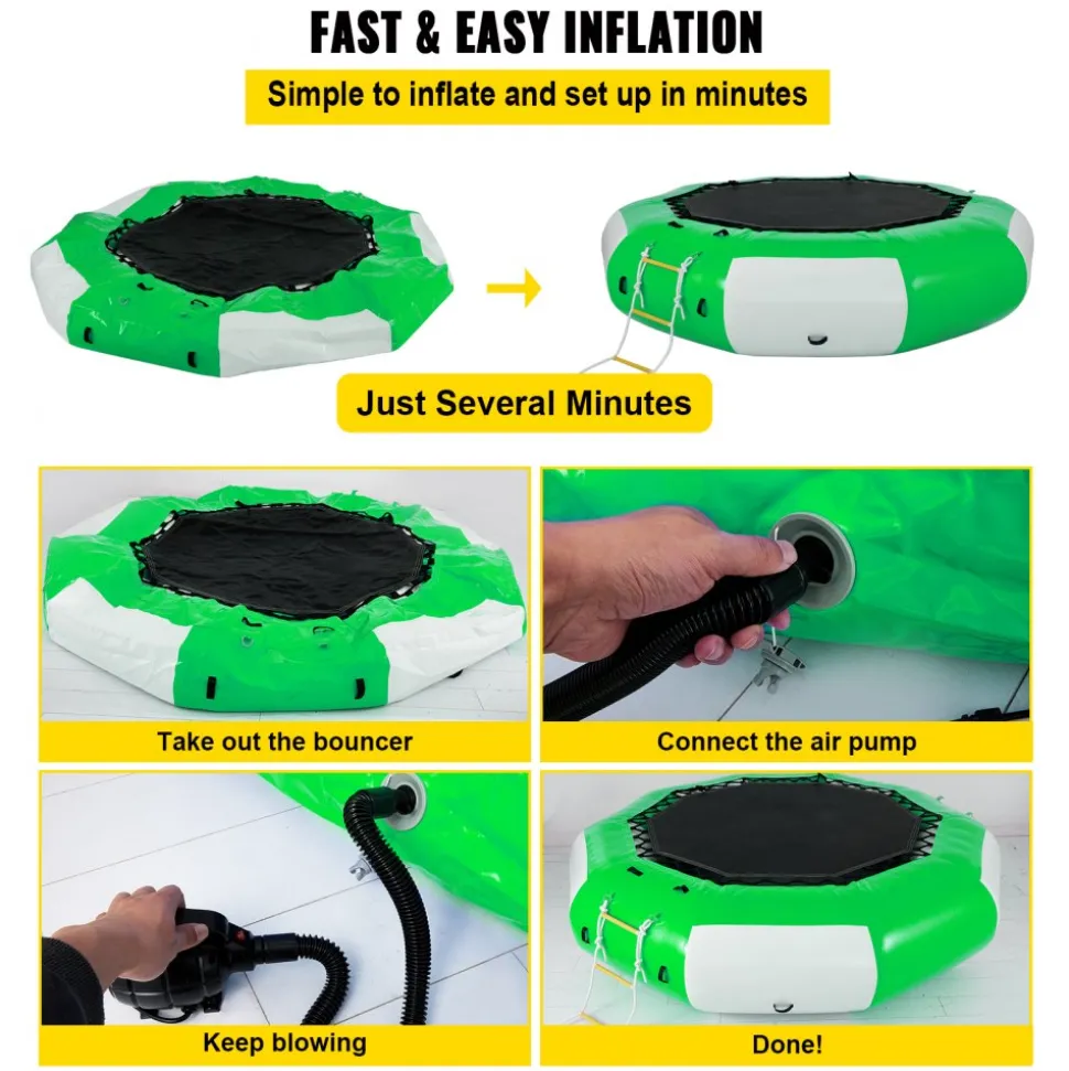 VEVOR Inflatable Water Trampoline, 10ft Recreational Water Bouncer with Escalator, Round Inflatable Water Trampoline in Green and White, Floating Trampoline for Lakes, Pools, Calm Sea