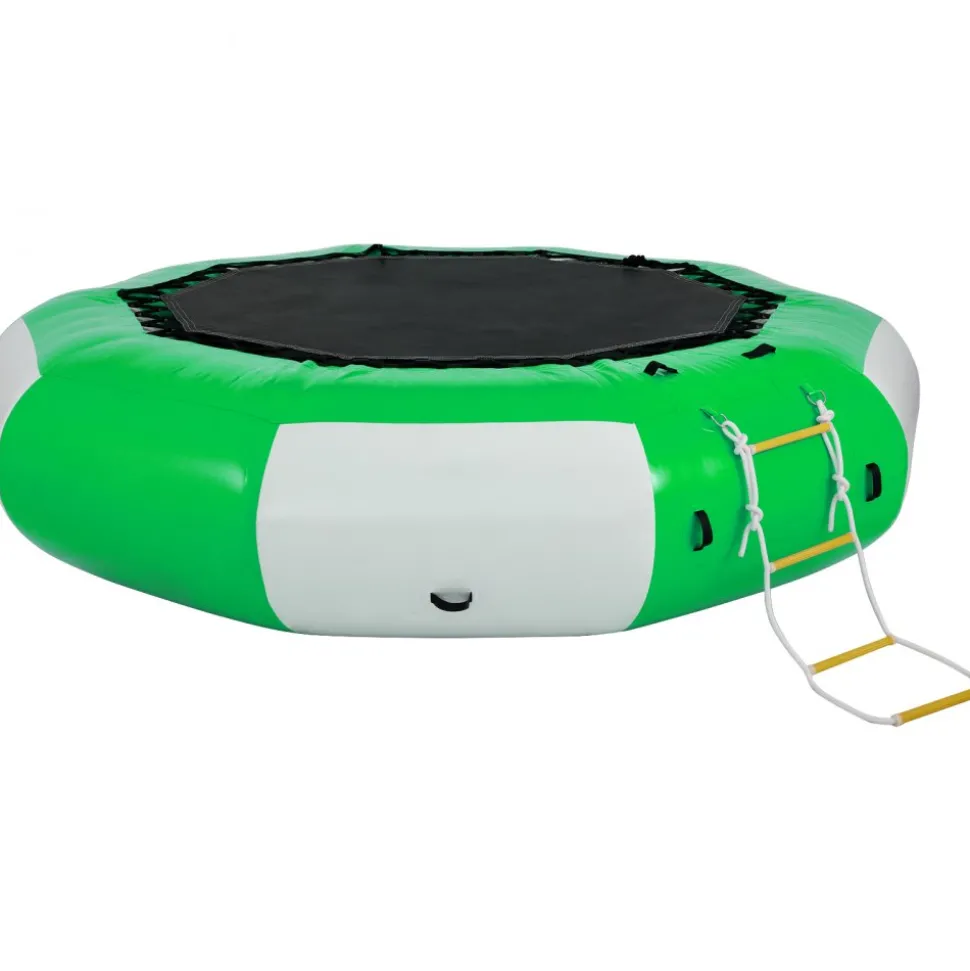 VEVOR Inflatable Water Trampoline, 10ft Recreational Water Bouncer with Escalator, Round Inflatable Water Trampoline in Green and White, Floating Trampoline for Lakes, Pools, Calm Sea