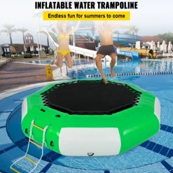 VEVOR Inflatable Water Trampoline, 10ft Recreational Water Bouncer with Escalator, Round Inflatable Water Trampoline in Green and White, Floating Trampoline for Lakes, Pools, Calm Sea