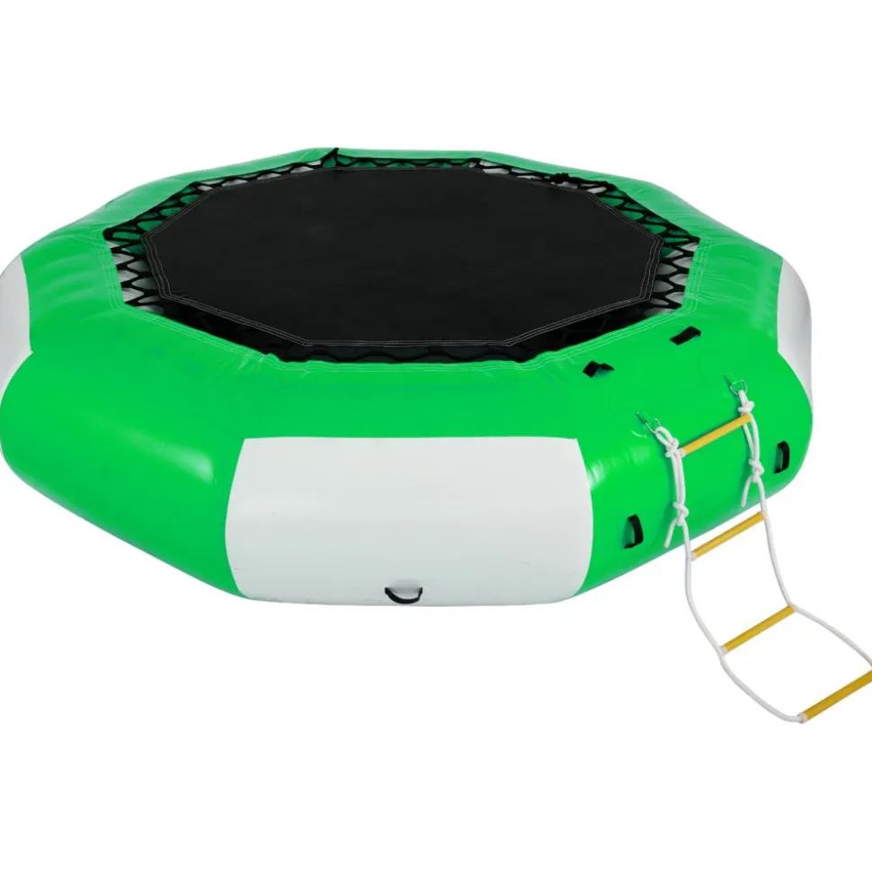 VEVOR Inflatable Water Trampoline, 10ft Recreational Water Bouncer with Escalator, Round Inflatable Water Trampoline in Green and White, Floating Trampoline for Lakes, Pools, Calm Sea