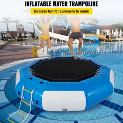 VEVOR Inflatable Water Trampoline, 13ft Recreational Water Bouncer with Escalator, Round Inflatable Water Trampoline in Blue and White, Floating Trampoline for Lakes, Pools, Calm Sea