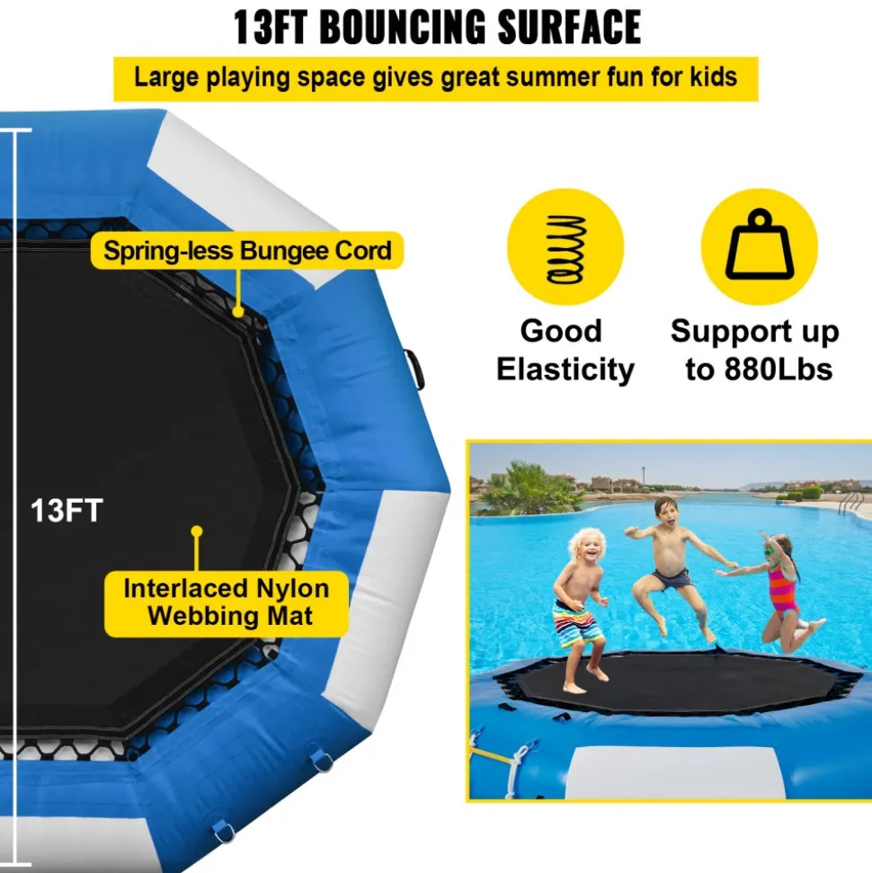 VEVOR Inflatable Water Trampoline, 13ft Recreational Water Bouncer with Escalator, Round Inflatable Water Trampoline in Blue and White, Floating Trampoline for Lakes, Pools, Calm Sea